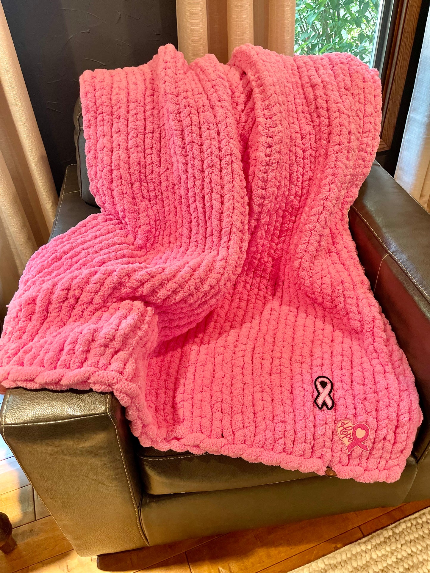 Breast Cancer Awareness Chunky Knit Throw Blanket (Made to Order) - Thru the Loops Chunky Knit Creations