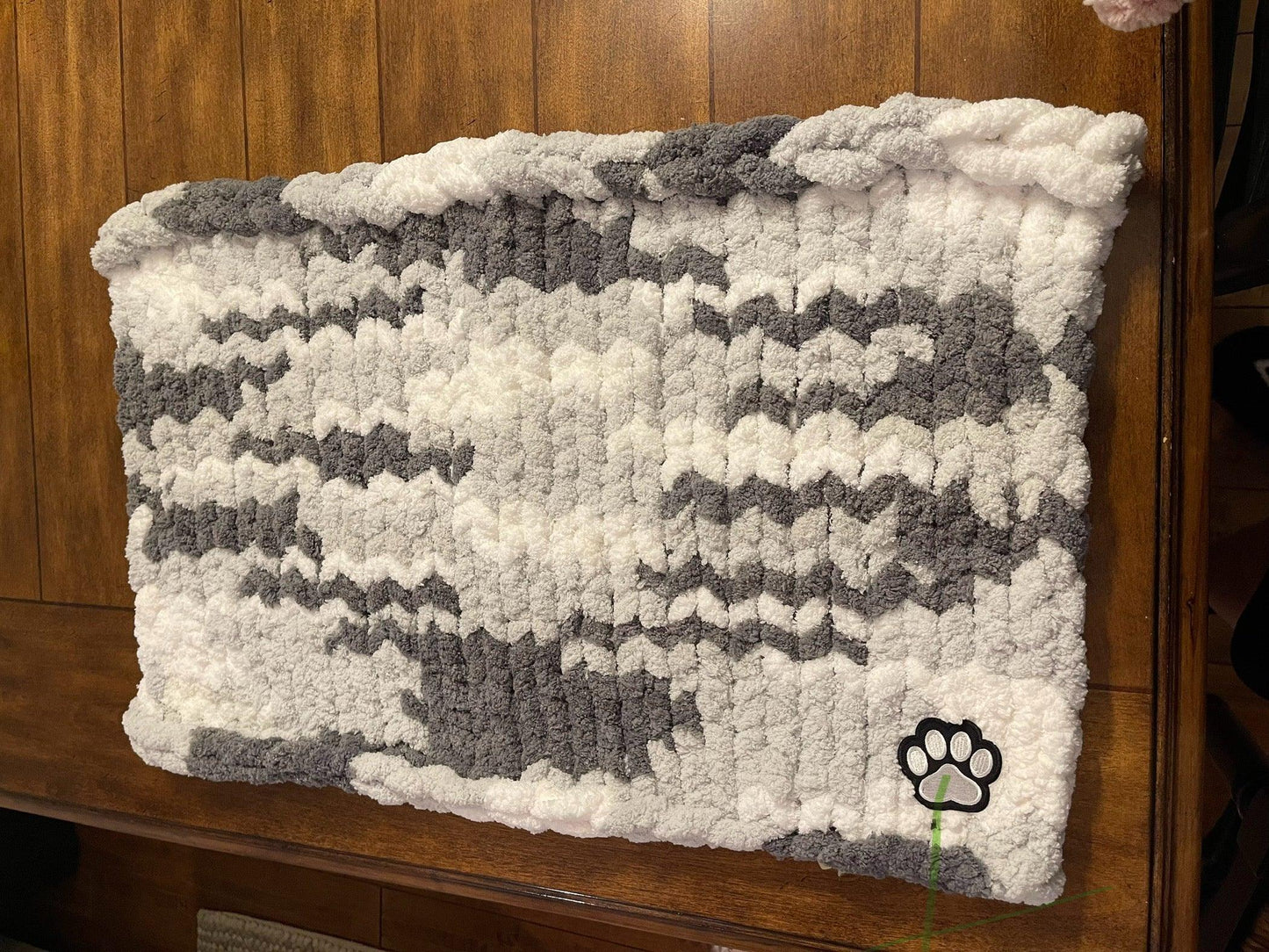 Gray Camo Chunky Knit Pet Blanket - Medium - Thru the Loops Chunky Knit Creations