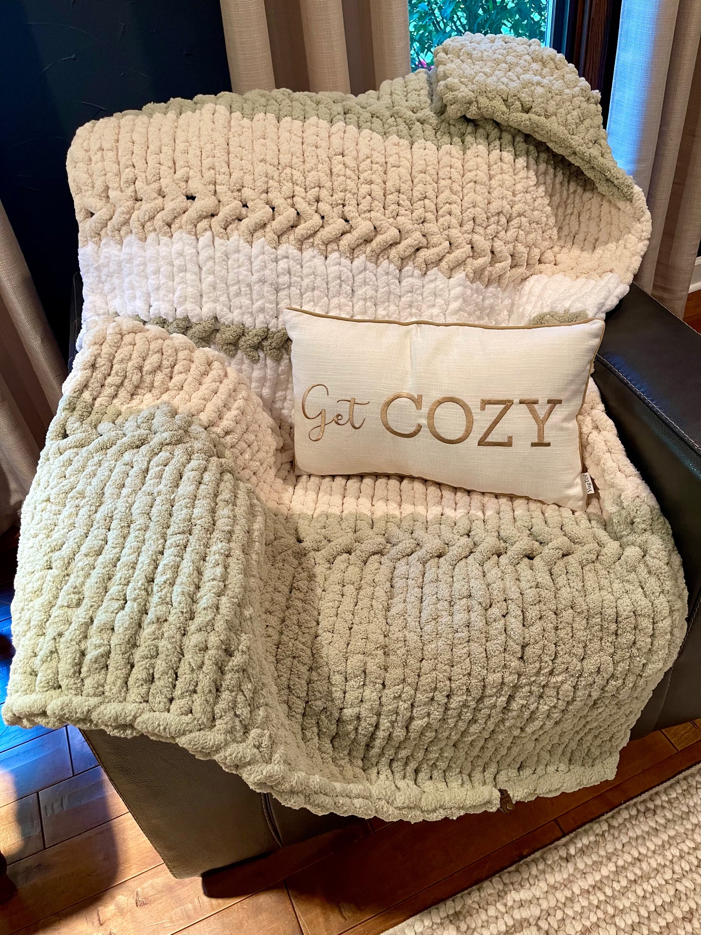 Green Tea Chunky Knit Throw Blanket (Large) - Thru the Loops Chunky Knit Creations
