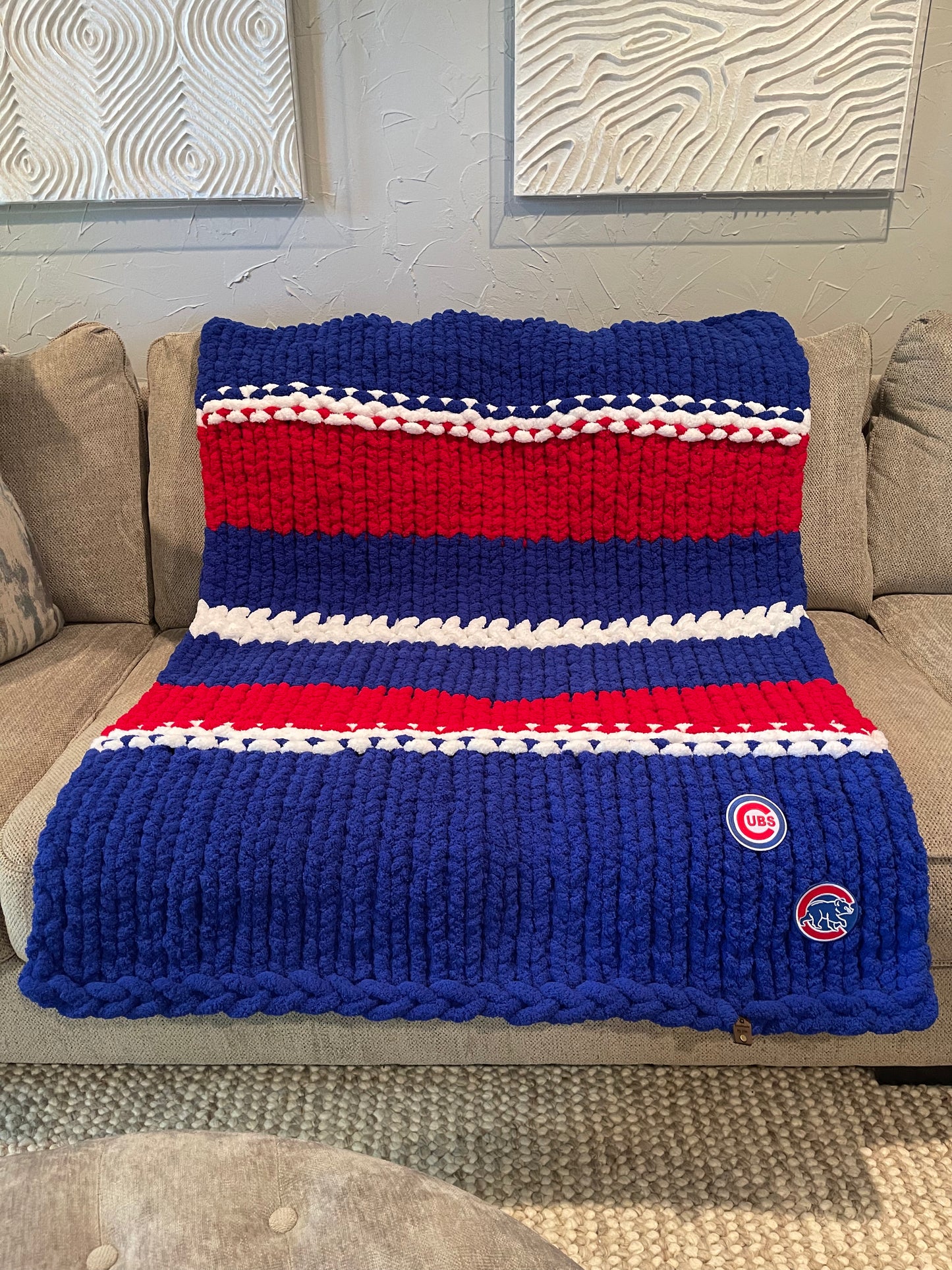 Chicago Cubs Chunky Knit Throw Blanket (Made to Order) - Thru the Loops Chunky Knit Creations