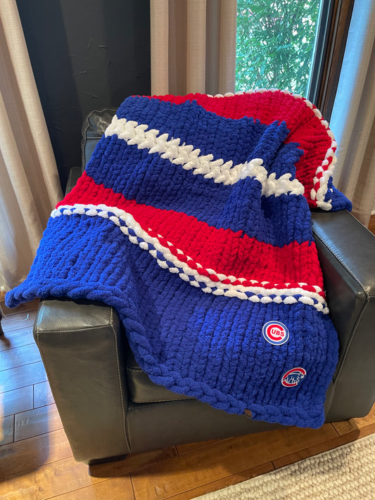 Chicago Cubs Chunky Knit Throw Blanket (Made to Order) - Thru the Loops Chunky Knit Creations