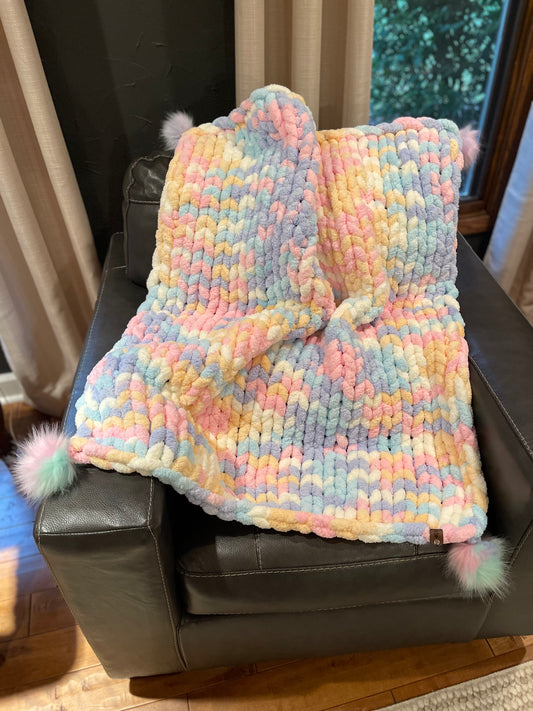 Cotton Candy Splash Chunky Knit Blanket with Poms (Baby Blanket) - Thru the Loops Chunky Knit Creations