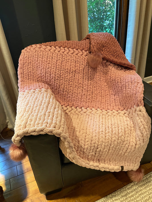 Pink Bliss Chunky Knit Throw Blanket with Poms (Large) - Thru the Loops Chunky Knit Creations