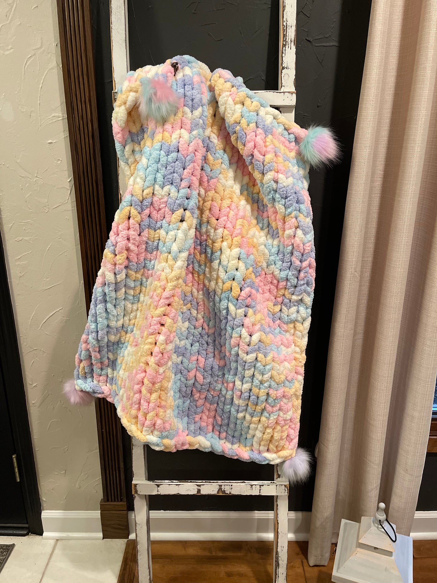 Cotton Candy Splash Chunky Knit Blanket with Poms (Baby Blanket)