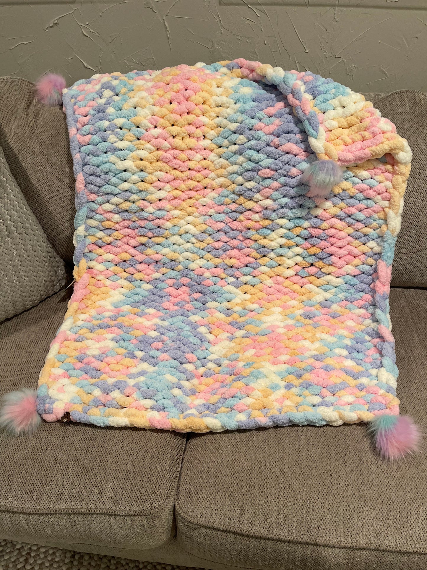 Cotton Candy Splash Chunky Knit Blanket with Poms (Baby Blanket)