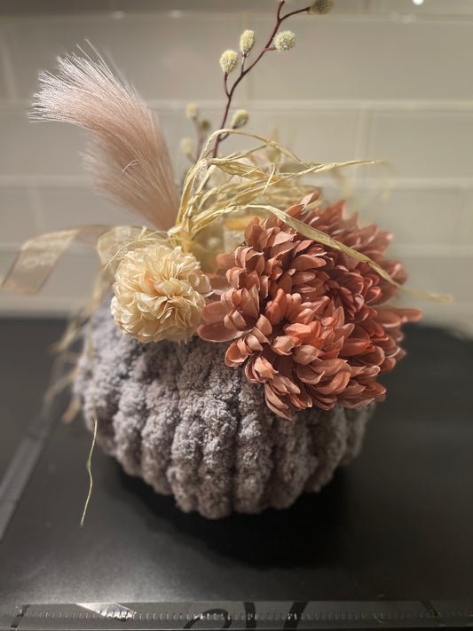 Large Gray Chunky Knit Decorative Pumpkin - Pink Flower