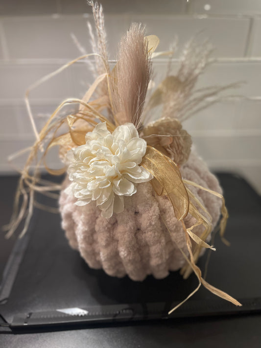 Large Oatmeal Chunky Knit Decorative Pumpkin - White Flower