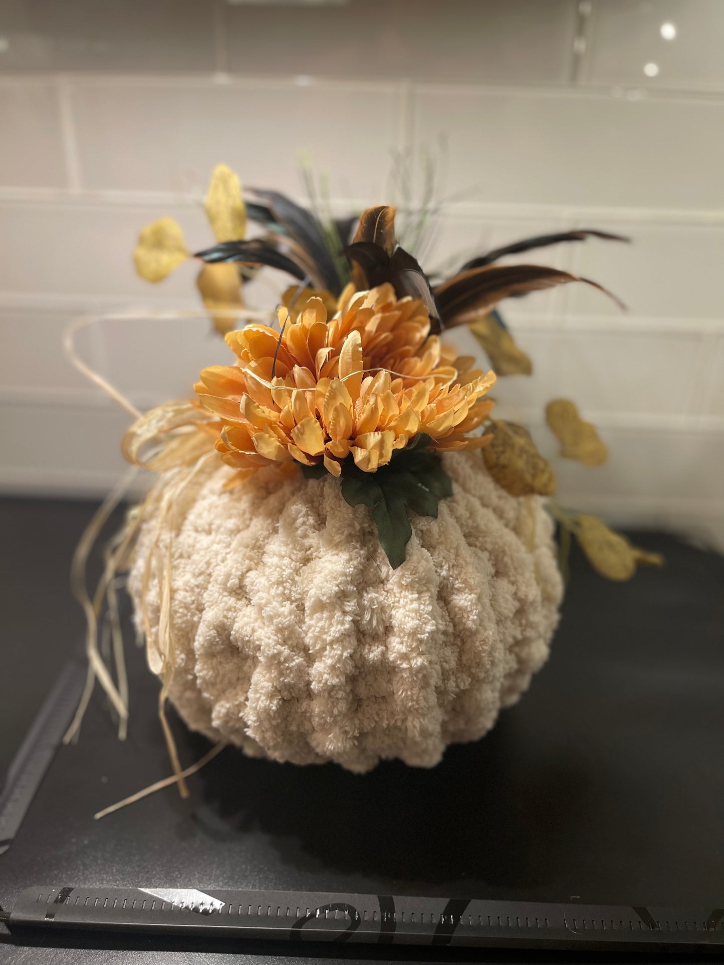 Large Oatmeal Chunky Knit Decorative Pumpkin - Yellow Flower