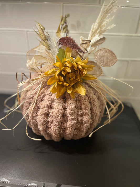 Large Pink Chunky Knit Decorative Pumpkin - Yellow Flower